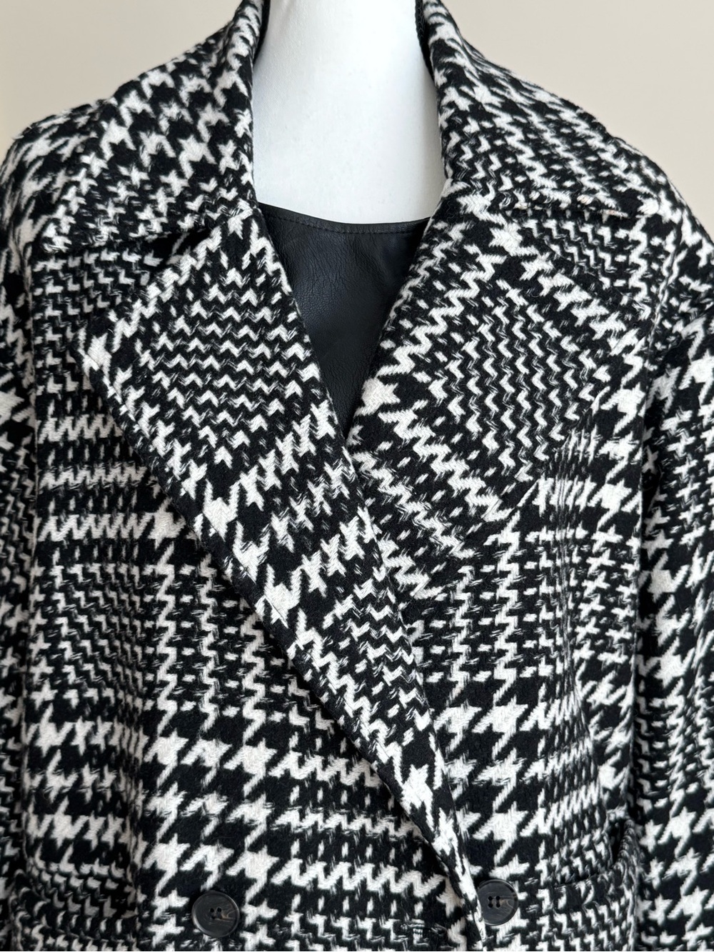 🔹 Avec Les Filles Black & White Houndstooth Wool Blend Coat | Size S - Picture 3 of 6